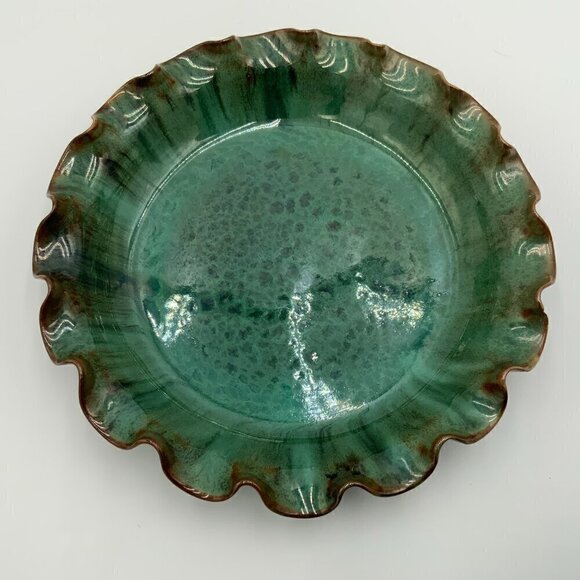 Jacon JB COLE Pottery North Carolina Ruffled Pie Plate Green Malachite Glaze - Picture 3 of 10